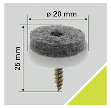 Viltglijder met schroef, diameter 20 millimeter, totale lengte 25 millimeter