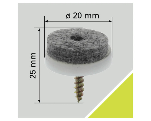 Viltglijder met schroef, diameter 20 millimeter, totale lengte 25 millimeter