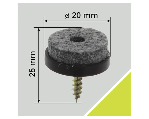 Viltglijder met schroef, diameter 20 millimeter, hoogte 25 millimeter