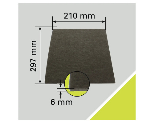 Isolatieplaat met afmetingen 210 millimeter bij 297 millimeter en een dikte van 6 millimeter.