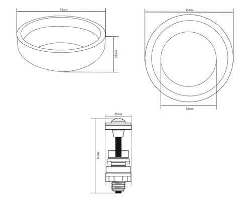 Technische tekening van een wastafelstop met de afmetingen 95 millimeter, 50 millimeter, 28 millimeter, 25 millimeter en 74 millimeter.