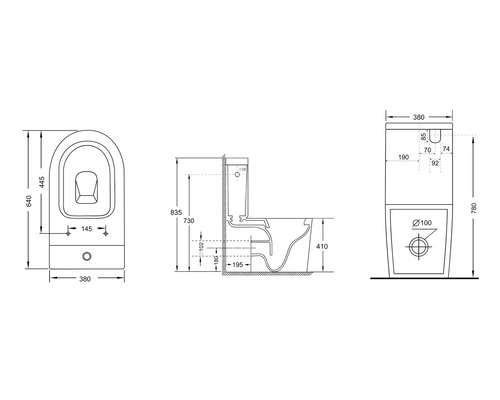 Technische tekening van een staand toilet met afmetingen