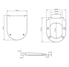 Technische tekening van een toiletbril met afmetingen