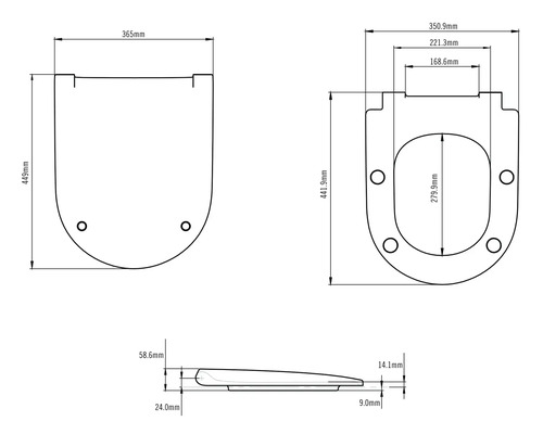 Technische tekening van een toiletbril met afmetingen