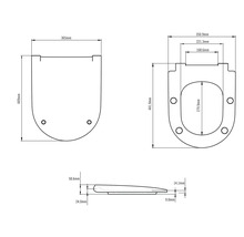 Technische tekening van een toiletzitting met maataanduidingen