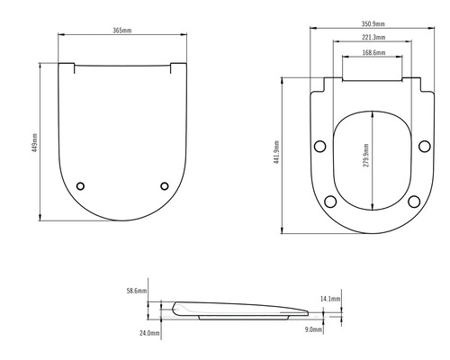 Technische tekening van een toiletzitting met maataanduidingen