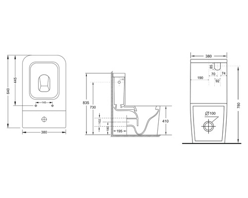 Technische tekening van een staand toilet met afmetingen