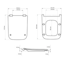 Technische tekening van een toiletbril met afmetingen