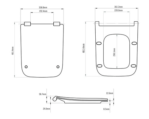 Technische tekening van een toiletbril met afmetingen