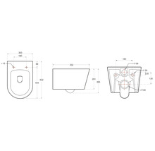 Technische tekening van een wandcloset met maatvoering