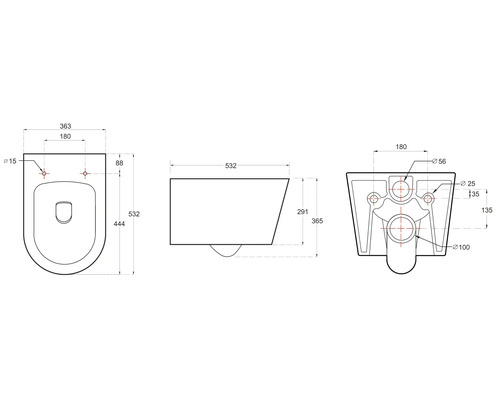 Technische tekening van een wandcloset met maatvoering