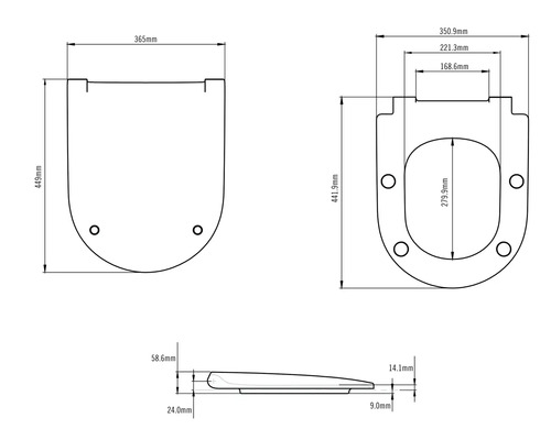 Technische tekening van een toiletbril met afmetingen