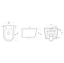 Technische tekening van een wandcloset met afmetingen
