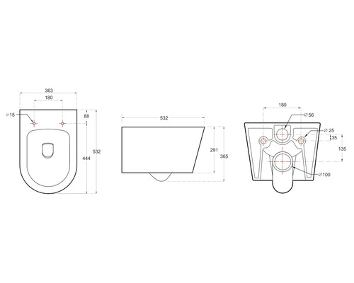 Technische tekening van een wandcloset met afmetingen