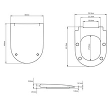 Technische tekening van een toiletdeksel met afmetingen