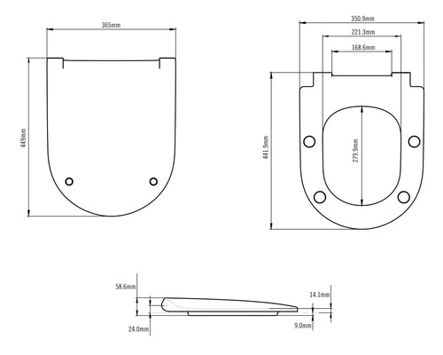 Technische tekening van een toiletdeksel met afmetingen