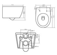 Technische tekening van een hangtoilet met afmetingen
