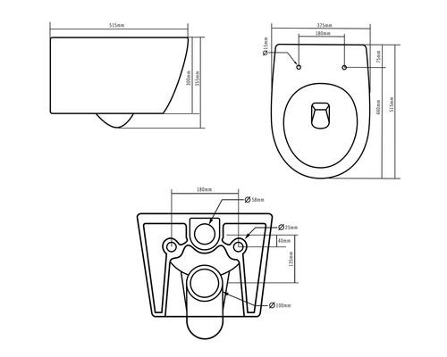 Technische tekening van een hangtoilet met afmetingen