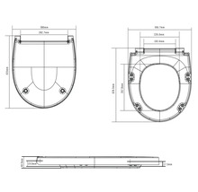 Technische tekening van een toiletzitting met afmetingen