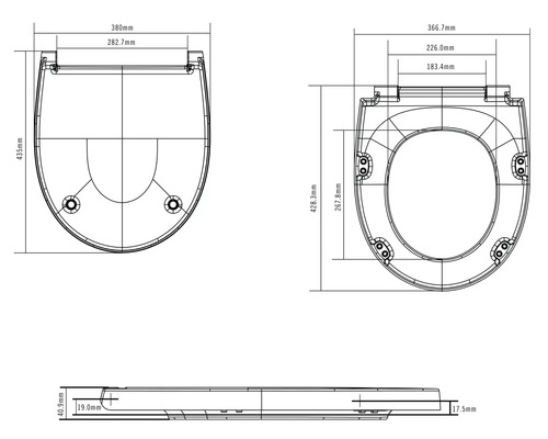 Technische tekening van een toiletzitting met afmetingen