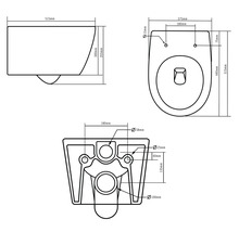 Technische tekening van een wandcloset met afmetingen.