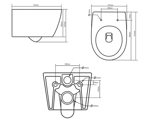 Technische tekening van een wandcloset met afmetingen.