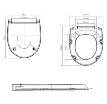 Technische tekening van een toiletbril met afmetingen