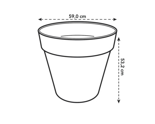 Schets van een plantenbak met de afmetingen 59,0 cm breed en 53,2 cm hoog