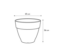 Afbeelding van een bloempot met de afmetingen 65 cm breed en 56 cm hoog.