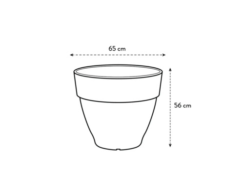 Afbeelding van een bloempot met de afmetingen 65 cm breed en 56 cm hoog.
