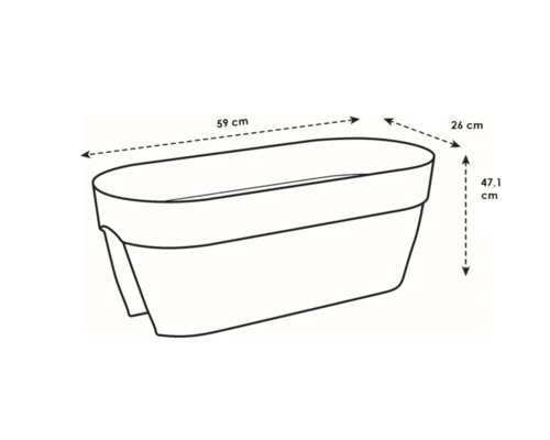 Afbeelding van een plantenbak met de afmetingen 59 cm lang, 26 cm breed en 47,1 cm hoog.