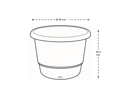 Afbeelding van een bloempot met de afmetingen diameter 39 centimeter en hoogte 29,3 centimeter.