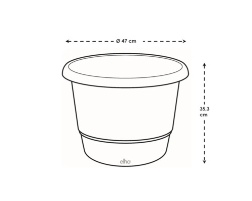 Afbeelding van een plantenbak met de afmetingen 47 cm diameter en 35,3 cm hoogte
