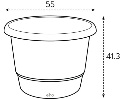Afbeelding van een plantenbak met de afmetingen 55 en 41,3 plus Elho Logo