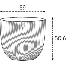 Technische tekening van een bloempot met de afmetingen 59 en 50,6 en Elho-logo.