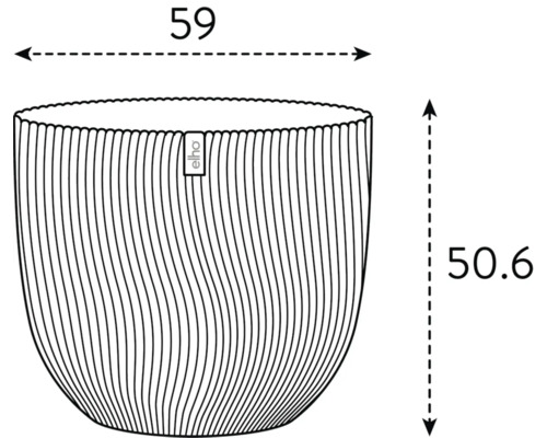 Technische tekening van een bloempot met de afmetingen 59 en 50,6 en Elho-logo.