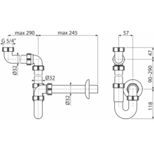 Technische tekening van een sifon met maatvoering