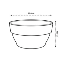 Schema van een plantenbak met de afmetingen 27,0 cm breed en 13,9 cm hoog.