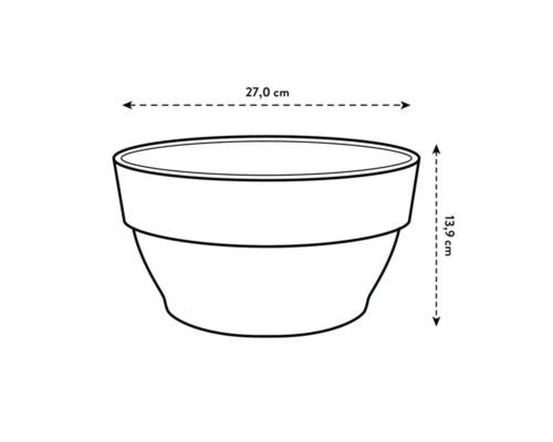Schema van een plantenbak met de afmetingen 27,0 cm breed en 13,9 cm hoog.