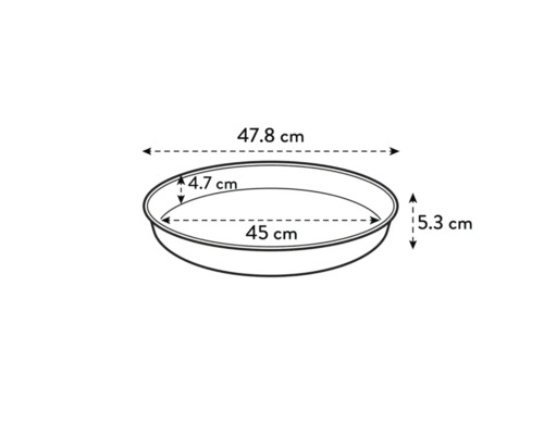 Afbeelding van een ronde plantenschaal met de afmetingen 47,8 cm (breedte), 45 cm (diameter) en 5,3 cm (hoogte).