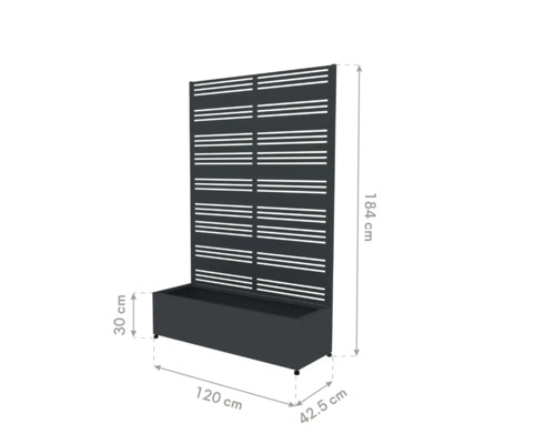 Schutting met plantenbak, 184 cm hoog, 120 cm breed en 42,5 cm diep