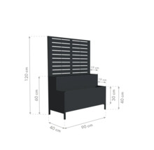 Afmetingen van de plantenbak met klimrek: 120 cm hoog, 90 cm breed en 40 cm diep