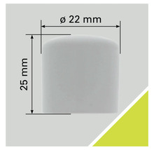 Afmeting van een witte buisafdekking met een diameter van 22 millimeter en een hoogte van 25 millimeter