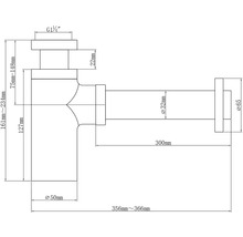Technische tekening van een sifon met afmetingen
