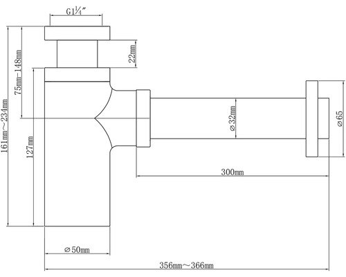 Technische tekening van een sifon met afmetingen