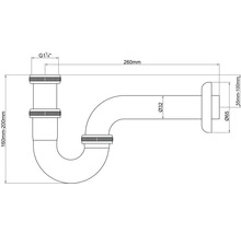 Technische tekening van een sifon met maatvoering