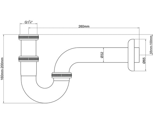 Technische tekening van een sifon met maatvoering