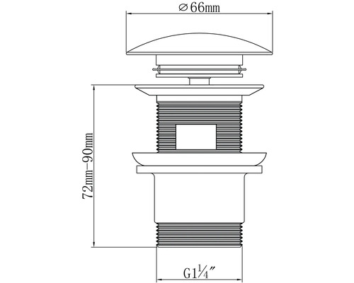 Technische tekening afvoergarnituur met de afmetingen 66 mm diameter en 72 mm tot 90 mm hoogte