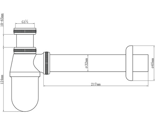 Technische tekening van een sifon met afmetingen
