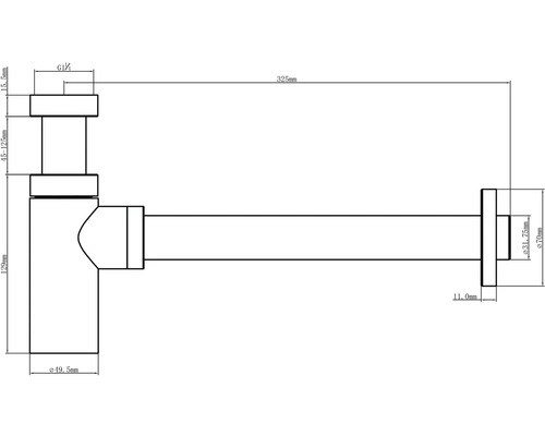 Technische tekening van een sifon met afmetingen
